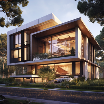 Modern villa design by SpaceXio Design, featuring a striking facade with floor-to-ceiling glass windows, clean lines, and a fusion of materials including concrete and wood.