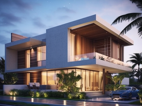 Modern villa design by SpaceXio Design featuring a minimalist front elevation with clean lines, geometric forms, and contemporary elegance.