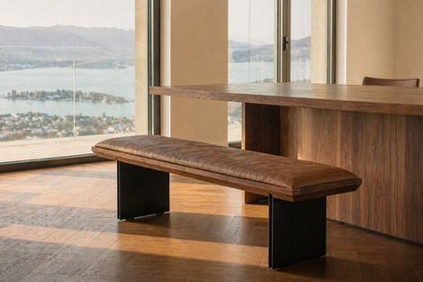 Custom-made solid walnut bench with leather seat and black metal frame by Bespoak
