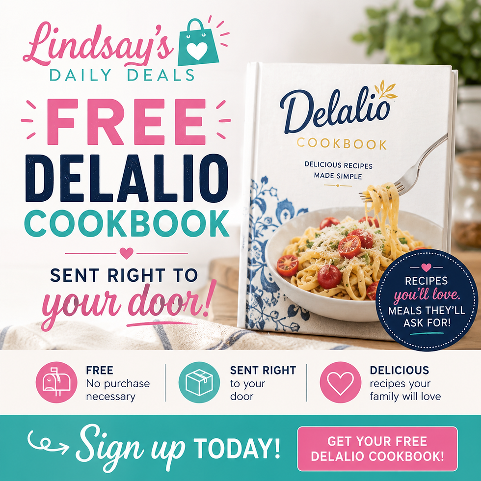 Delalio cookbook ad with pasta image. Offers free delivery, no purchase needed. Colors: pink, teal, navy. Text: Sign up today!