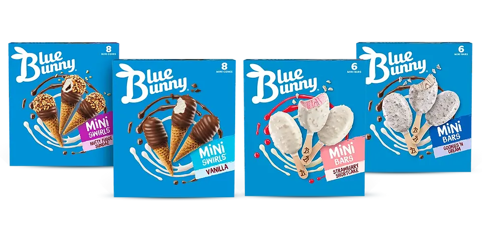 Boxes of Blue Bunny ice cream featuring Mini Swirls and Mini Bars in various flavors. Bright blue packaging with playful designs.
