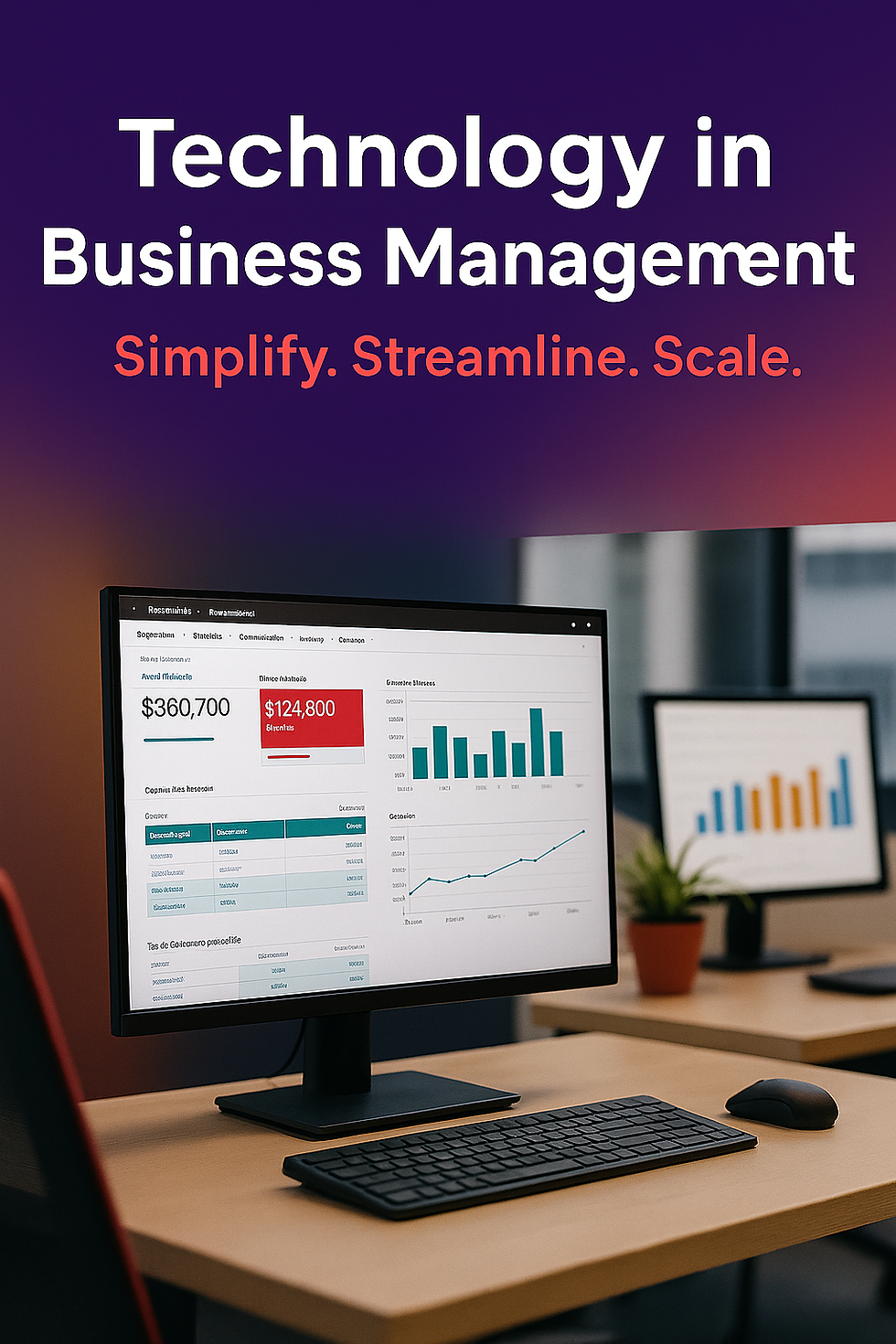 Modern office workspace featuring Microsoft Dynamics 365 Business Central dashboards on large monitors, with overlaid headline text reading “Technology in Business Management – Simplify. Streamline. Scale.” in Elliott Clark Consulting brand colors.