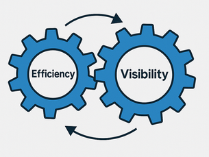 Two blue interlocking gears labeled “Efficiency” and “Visibility” connected by curved arrows, symbolizing the alignment of streamlined processes and operational transparency for optimized workflows.