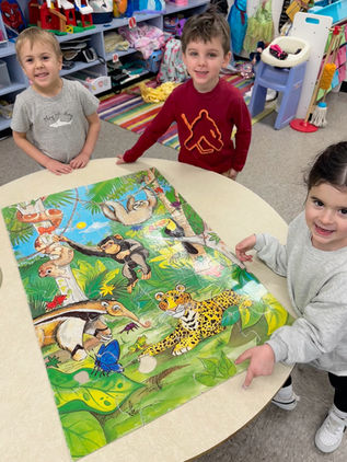 Magic Circle Preschool Puzzles, logic, teamwork, children doing a rainforest puzzle