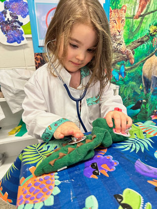 Magic Circle Dramamtic Play, little girl, playing veterinarian in the rainforest, stethescope, caring for animals