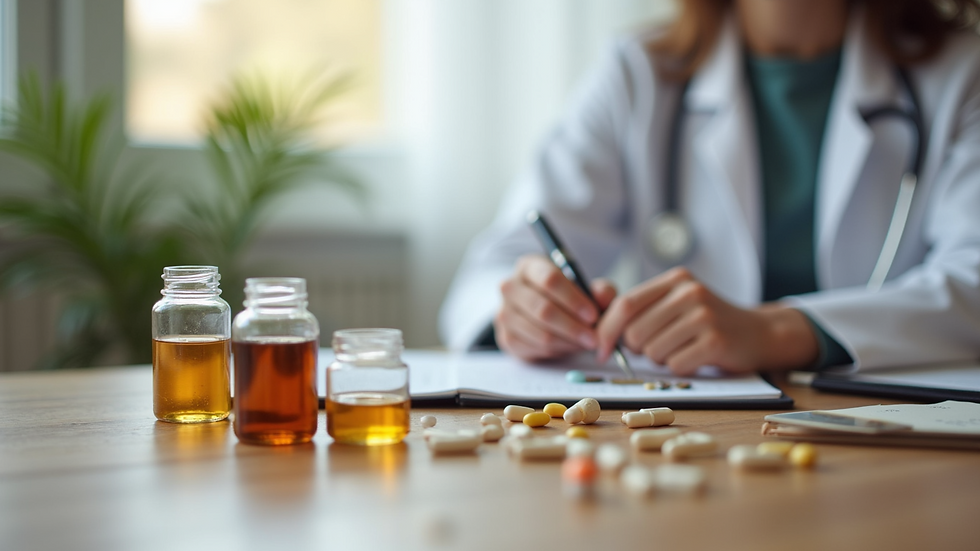 Close-up view of a naturopathic doctor’s consultation with natural supplements on the table
