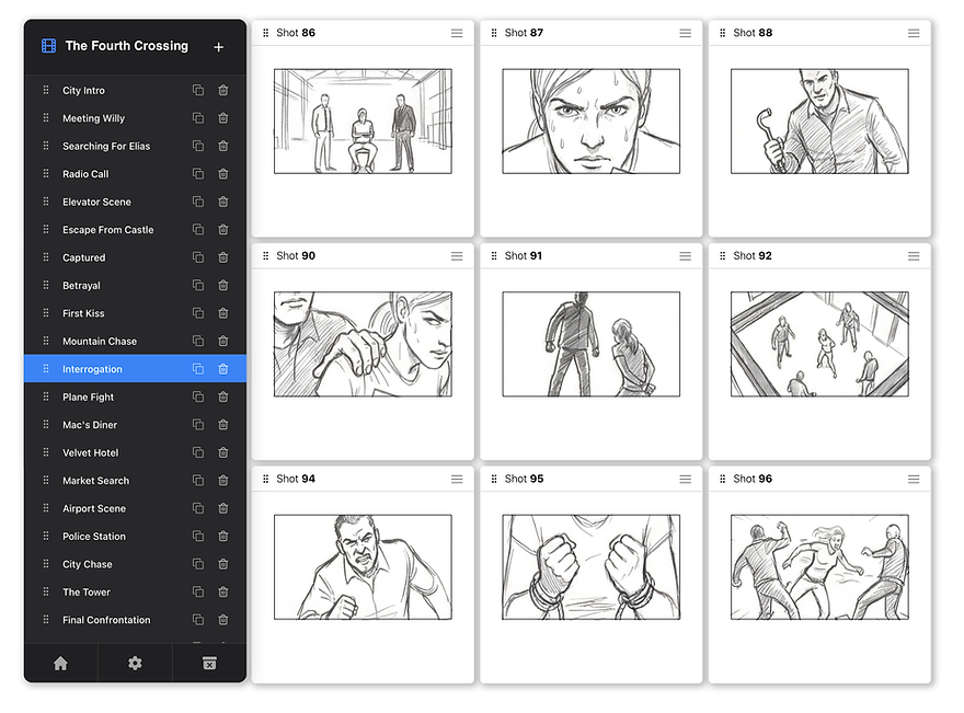 Storyboard app sidebar showing multiple scenes and frames organized for a film project