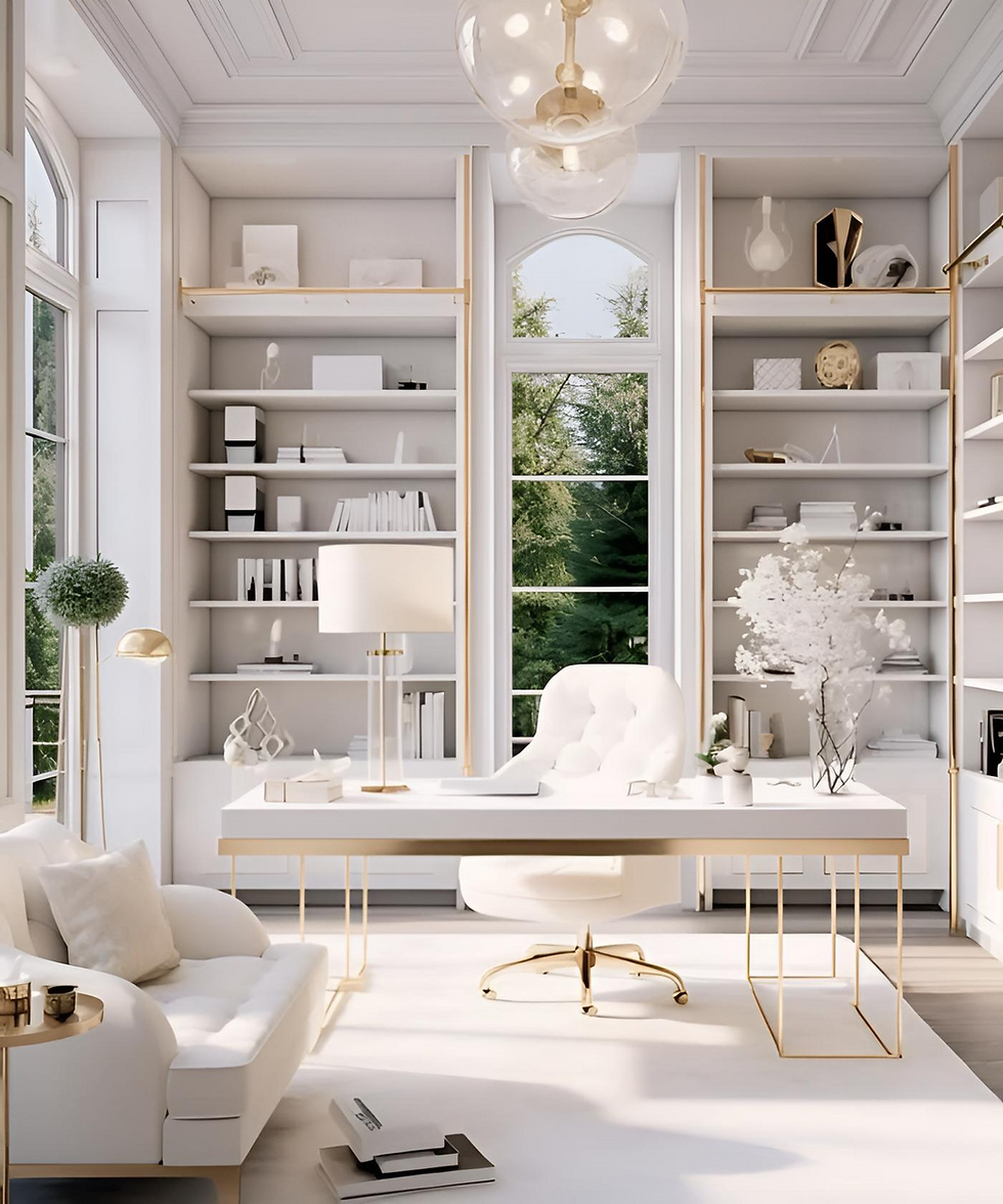 Sophisticated white and gold home office with built-in shelving, plush seating, and designer accents