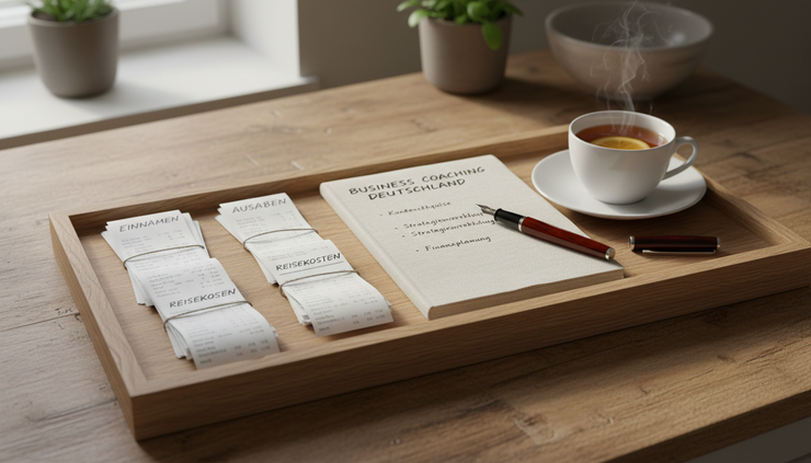 Nahaufnahme eines Holztabletts mit sortierten Quittungen und einem Notizbuch