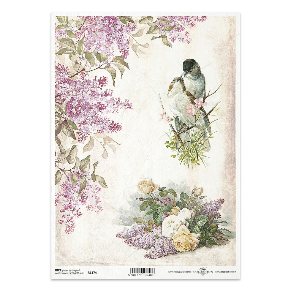 Decorative Rice Paper – Birds, Lilac & Roses