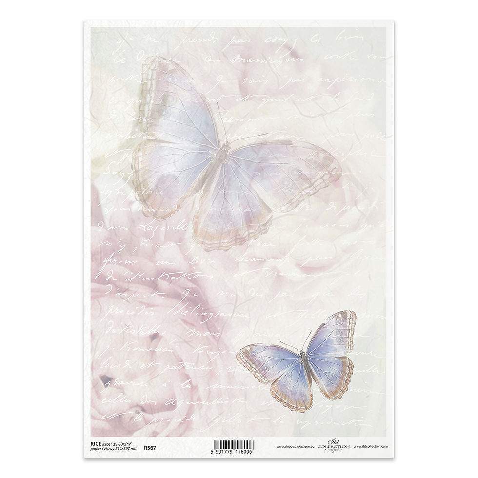 Decorative Rice Paper – Blue Butterflies & Script Background