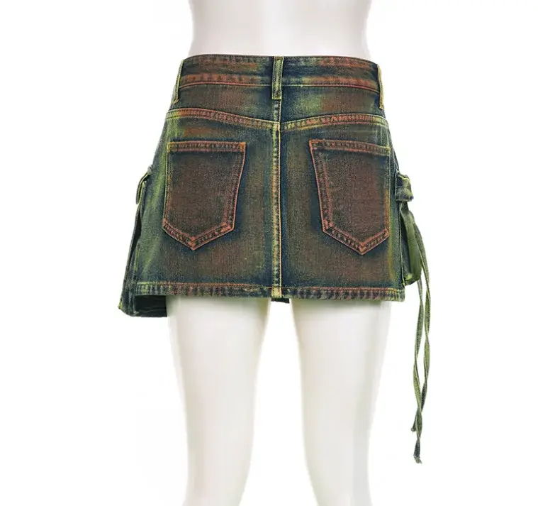 Thumbnail: Green Tie-Dye Denim Skirt Set – Women’s Mini Skirt & Tube Top, 2-Piece Outfit