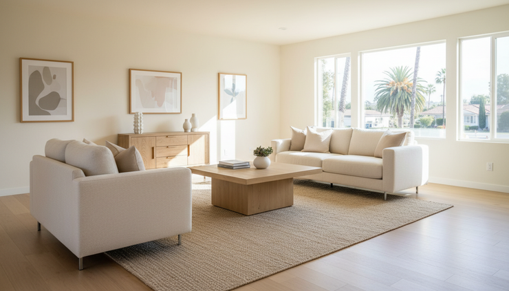 Eye-level view of a bright California living room with clean floors and simple staging.