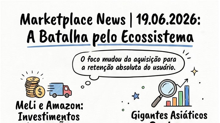 Infográfico com as notícias sobre negócios digitais, ecommerce e marketplaces para a curadoria de notícias do Marketplace News 19/06/2026
