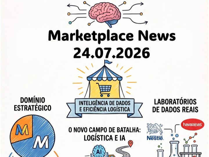 Infográfico com as notícias sobre negócios digitais, ecommerce e marketplaces para a curadoria de notícias do Marketplace News 24/07/2026