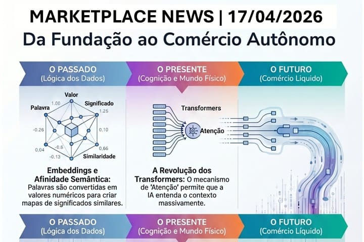 Infográfico com as notícias sobre negócios digitais, ecommerce e marketplaces para a curadoria de notícias do Marketplace News 17/04/2026