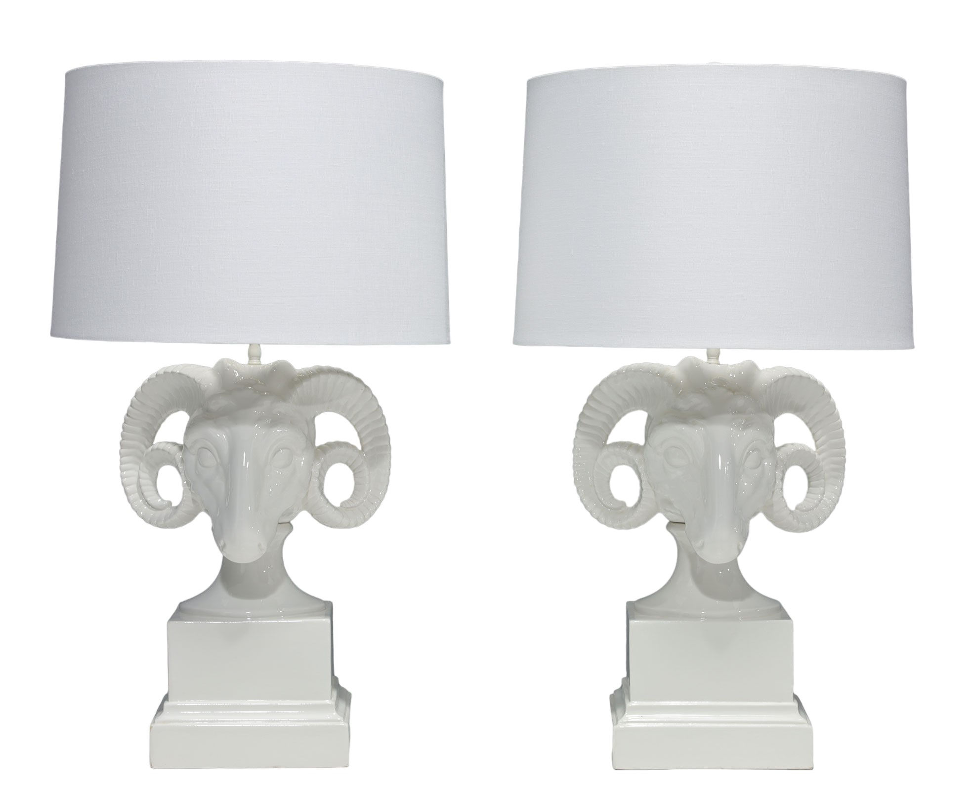 Chapman White Ceramic Ram Head Lamps Circa20c modern Lead