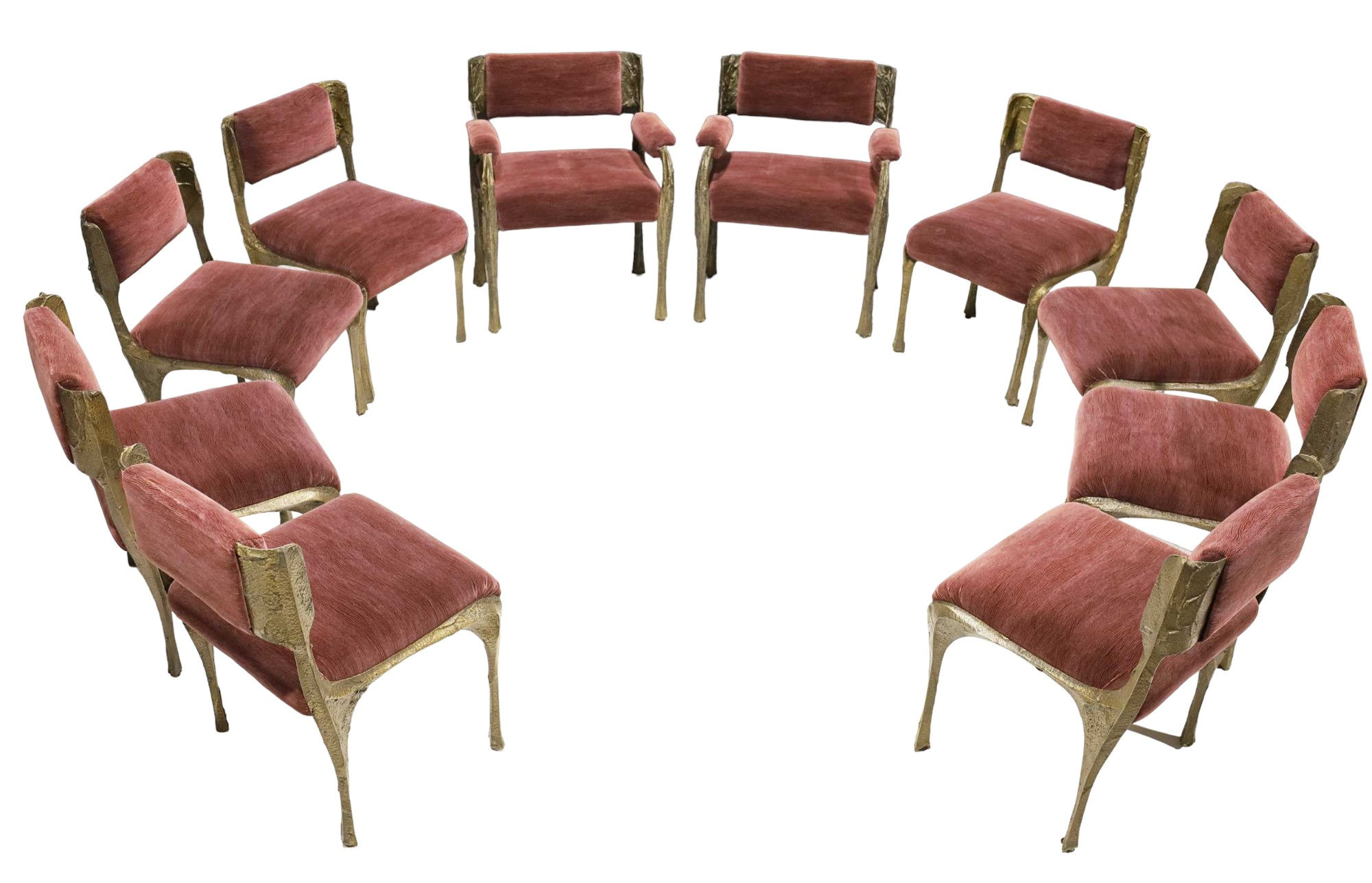Paul Evans Set of Ten Sculpted Bronze Dining Chairs in Aubergine Upholstery