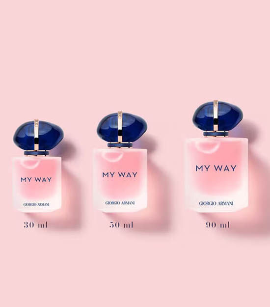 Miniatura: imagem dos frascos e suas volumetrias do perfume my way floral eau de parfum de giorgio armani 30ml-50ml e 90ml vendidos por