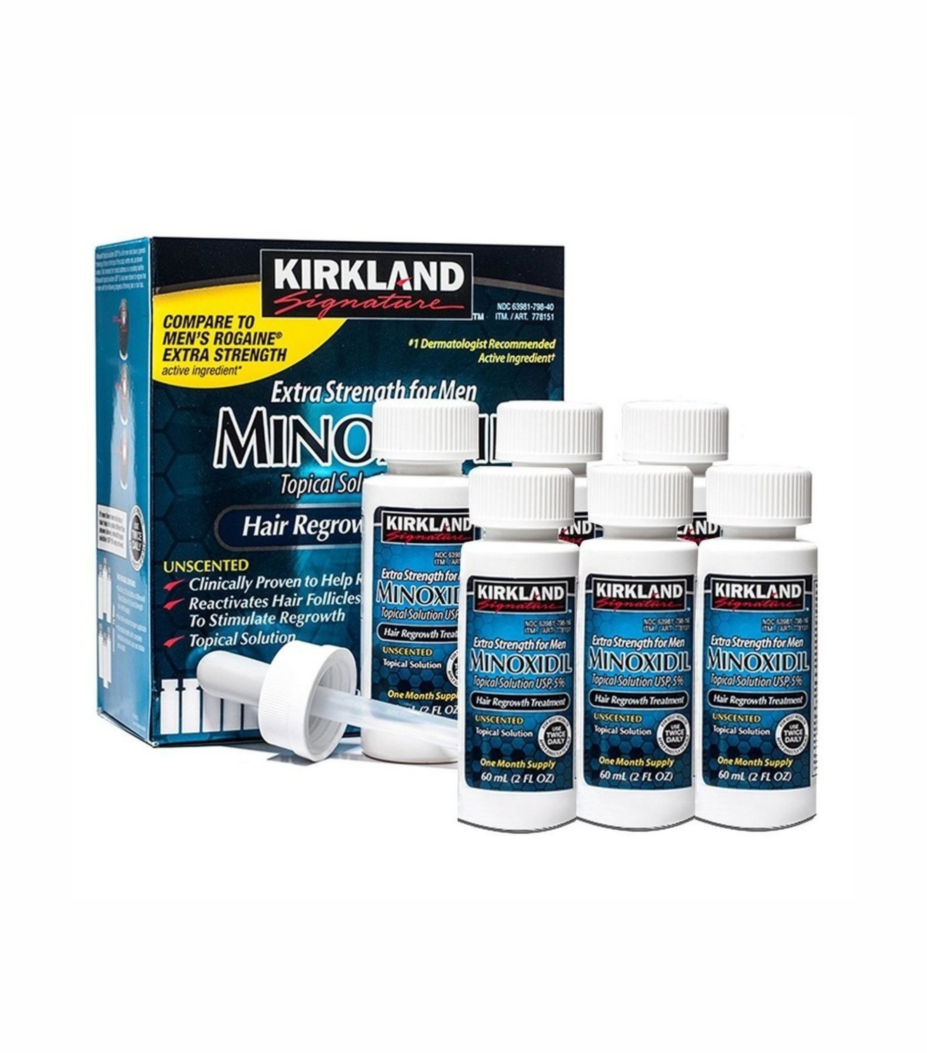 6 Frascos mais conta gotas junto com embalagem caixa do produto Minoxidil Kirkland
