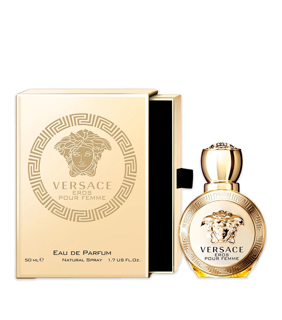 Miniatura: Frasco do perfume feminino Eros Pour Femme da Versace, design opulento dourado com caixa decorada com medusa em relevo