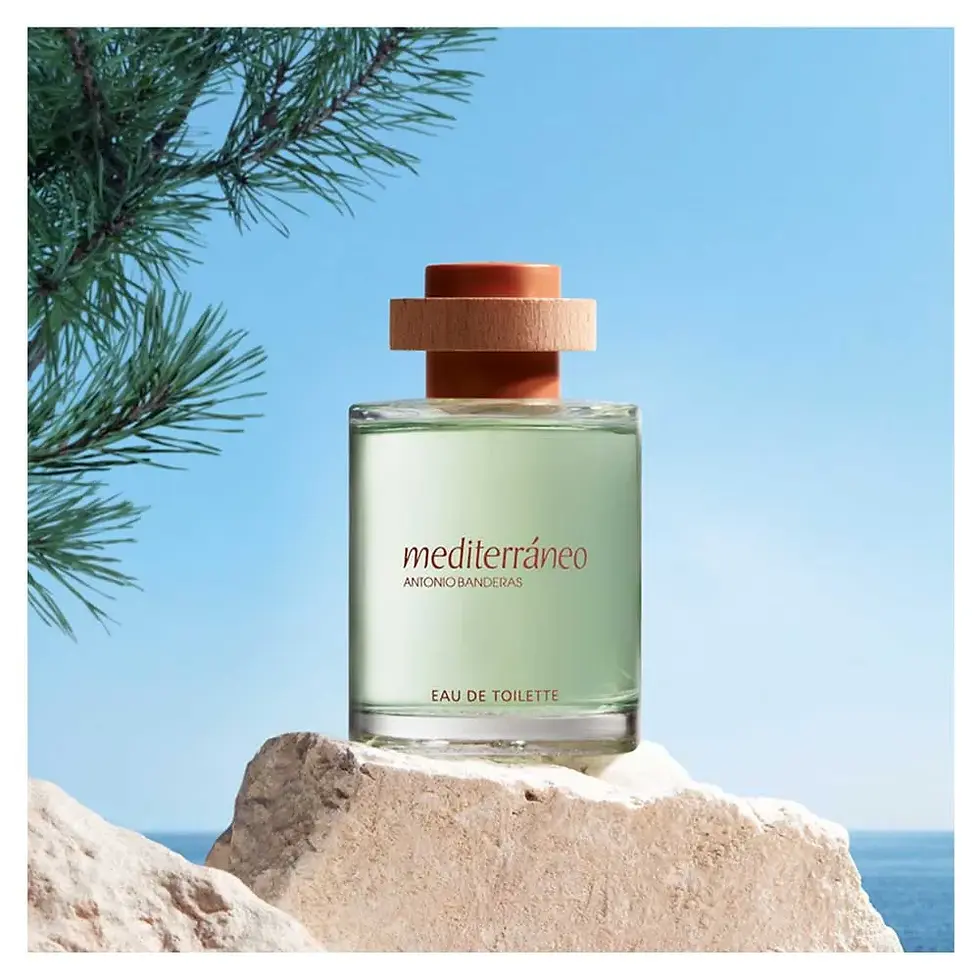 Miniatura: Frasco do Perfume Mediterrâneo de Antonio Banderas em uma pedra 
