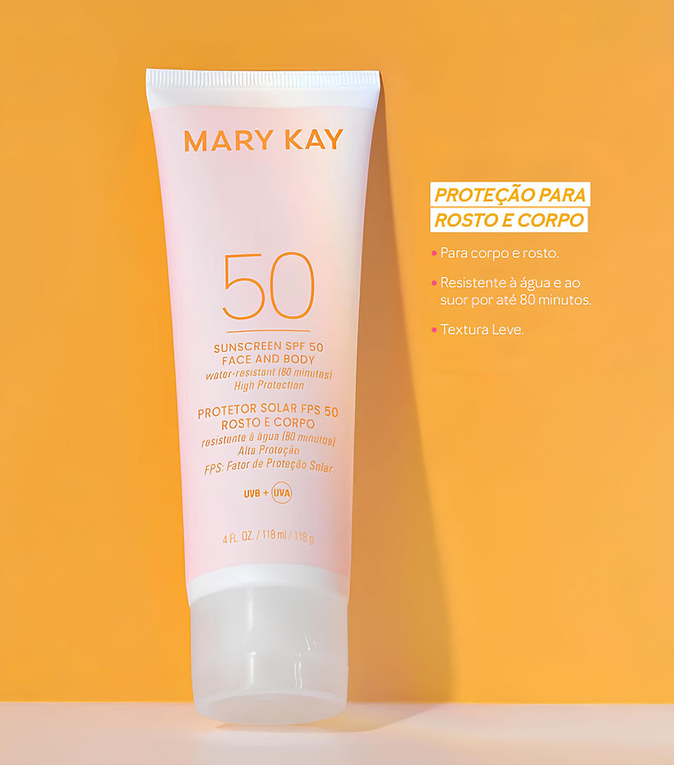 Miniatura: Frasco do Protetor Solar FPS 50 Mary Kay® em fundo amarelo com escrições sobre os beneficios do produto