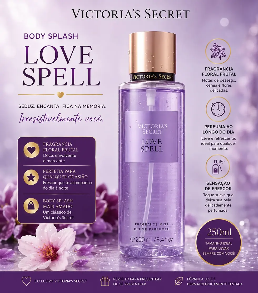 Body Splash Victoria's Secret Love Spell 250ml, fragrância corporal com aroma de Pessêgo, Cereja e Flores para uso diário