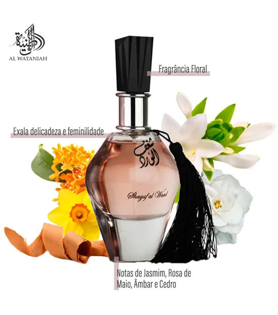 Miniatura: Fraco do Perfume Árabe Feminino Shagaf Al Ward com notas de Jasmin Rosas de Maio, Âmbar e Cedro