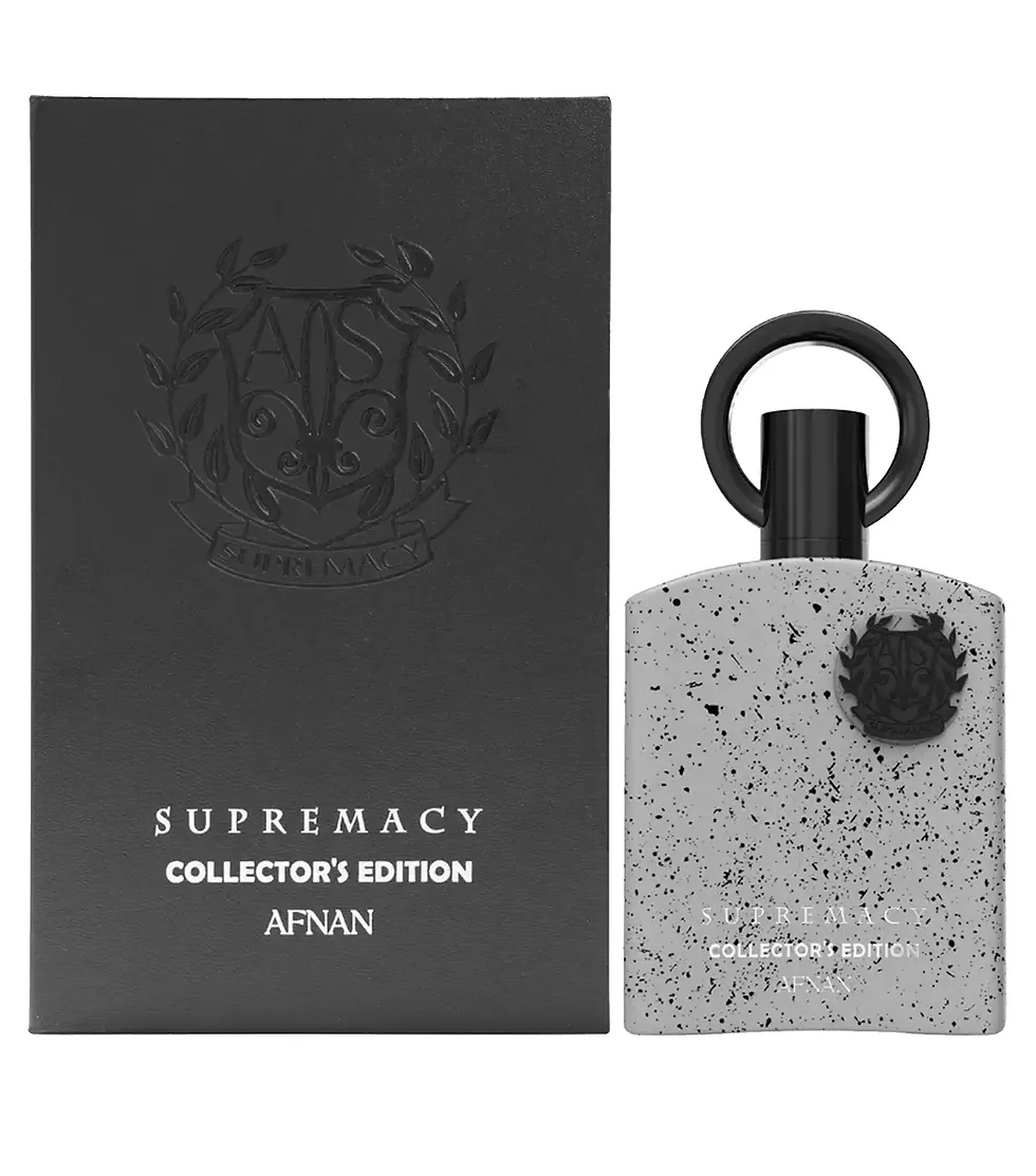Perfume Supremacy Collector's Edition masculino, frasco branco com acabamento salpicado e caixa em tom de preto