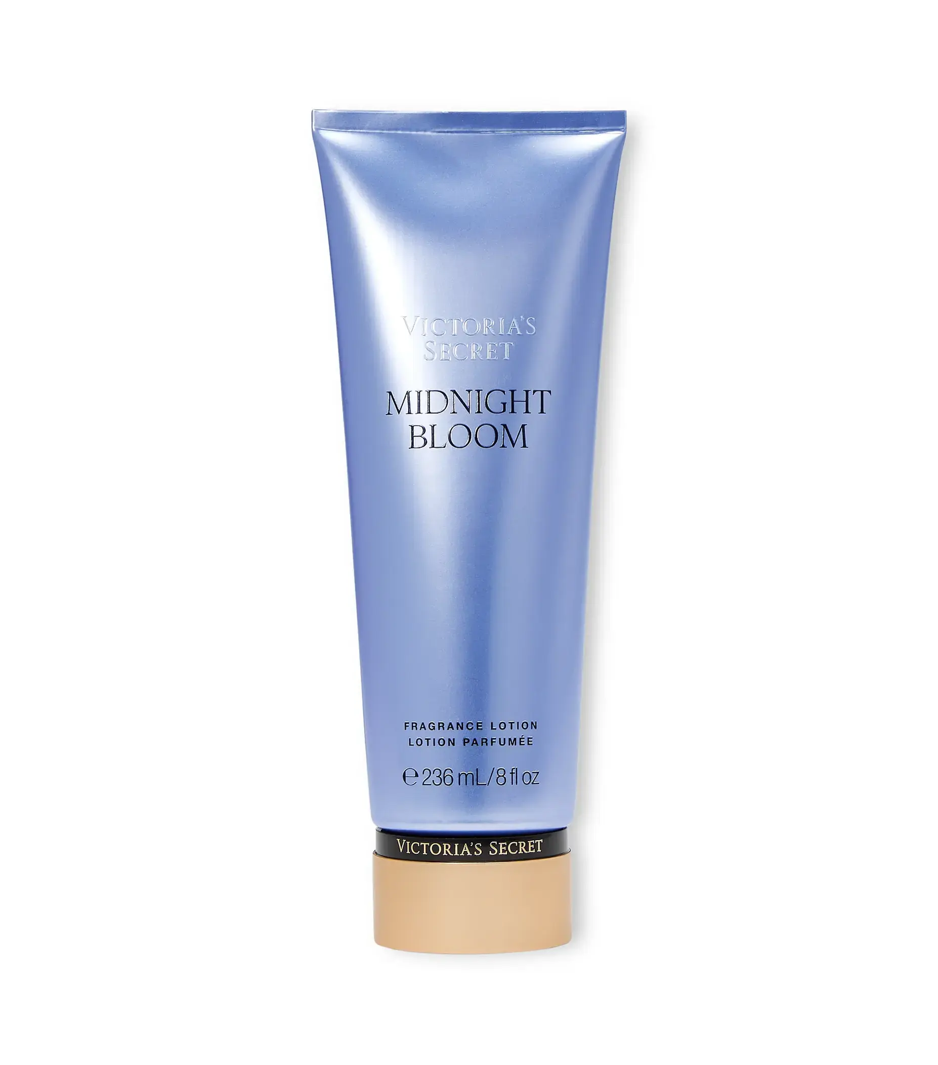 Body Lotion Victoria’s Secret Midnight Bloom, embalagem azul-lilás de 236 ml (8 fl oz), com tampa bege e design elegante sobr