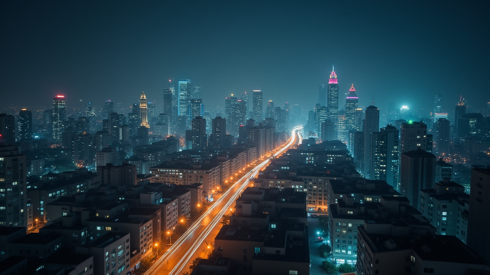 High angle view of a modern city illuminated by LED lights
