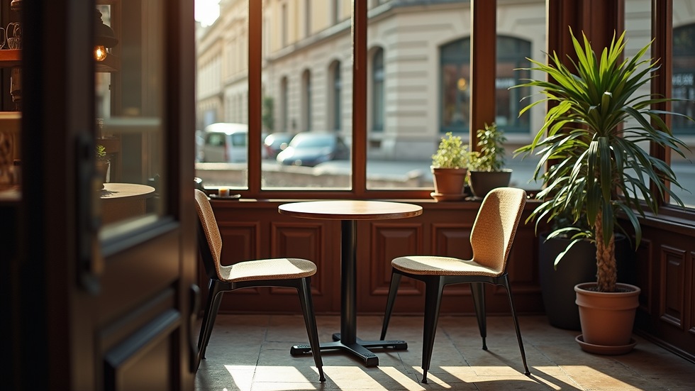 Eye-level view of a cozy café setting with two empty chairs and a small table