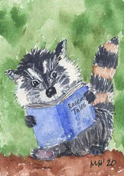 Raccoon Tales Black and white raccoon with brown in his tail, reading a blue book against a backdrop