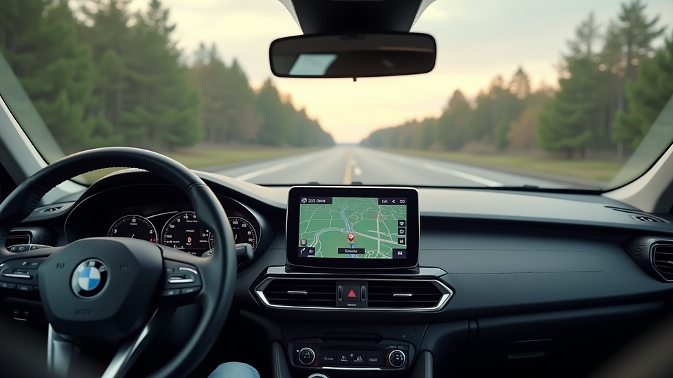 High angle view of a rental SUV dashboard with GPS navigation active
