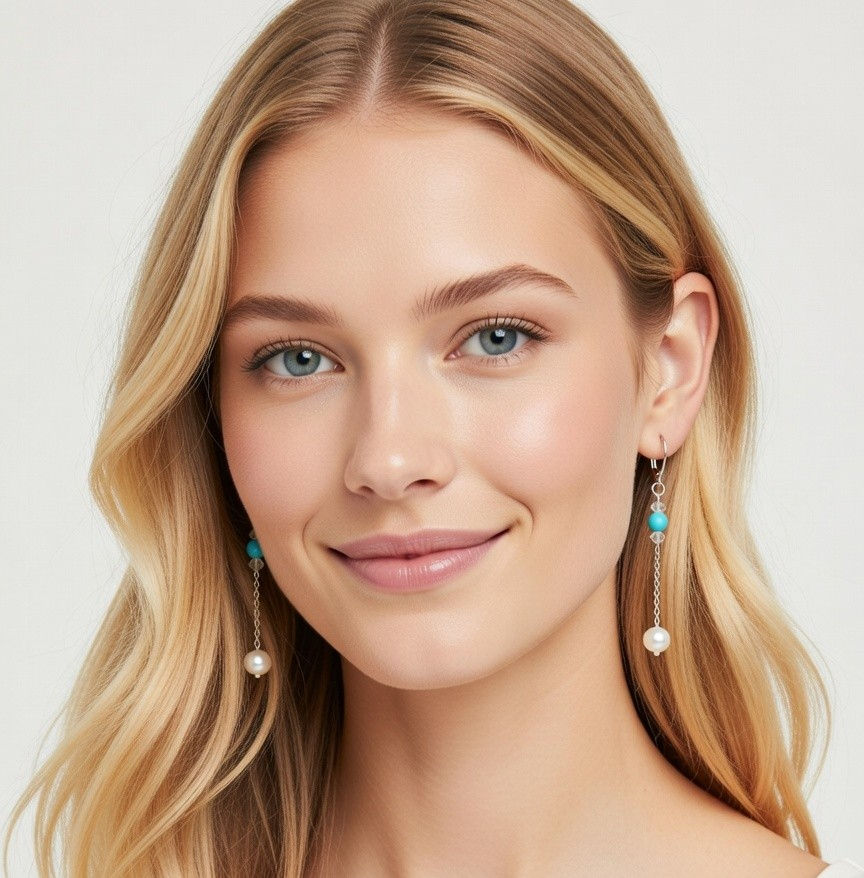 Thumbnail: Sterling Silver Dangle Chain Earrings, white Freshwater Pearls and Turquoise 