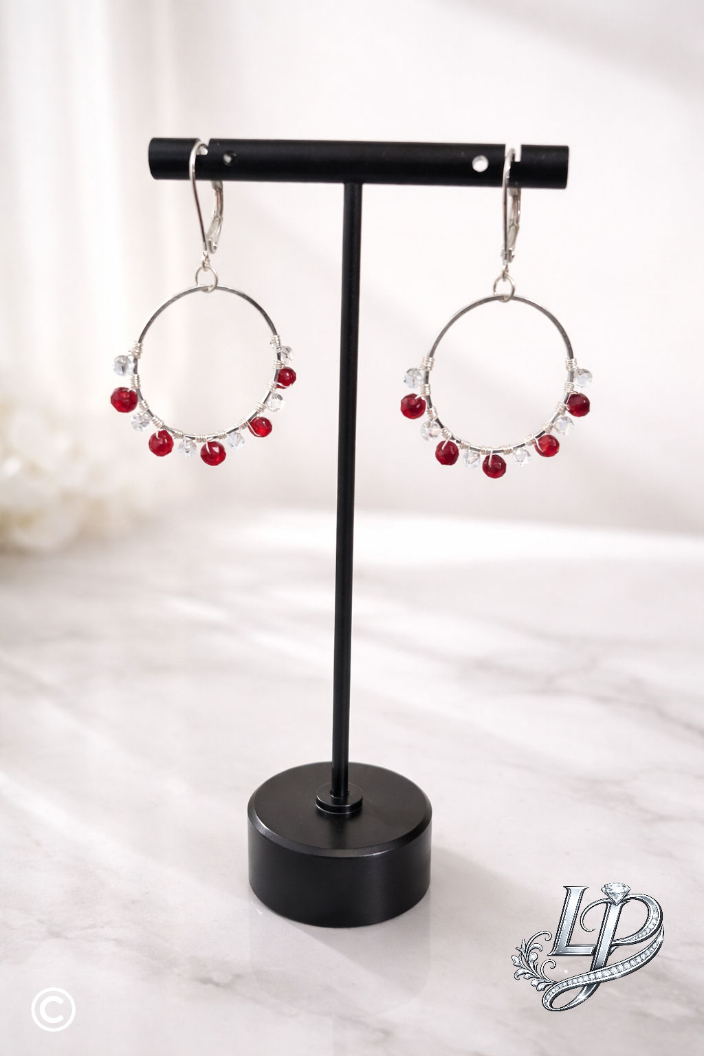 Sterling Silver Dangle Earrings, Round shape, Red Chalcedony Natural Gemstones 
