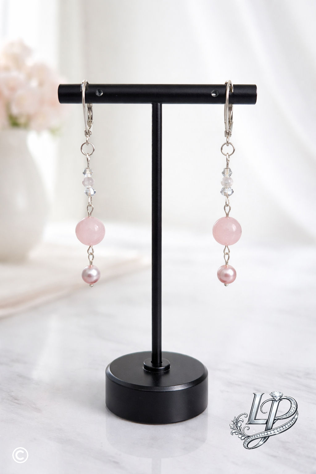 Sterling Silver Freshwater Pearl and Natural Rose Quartz Stone, Dangle Earrings