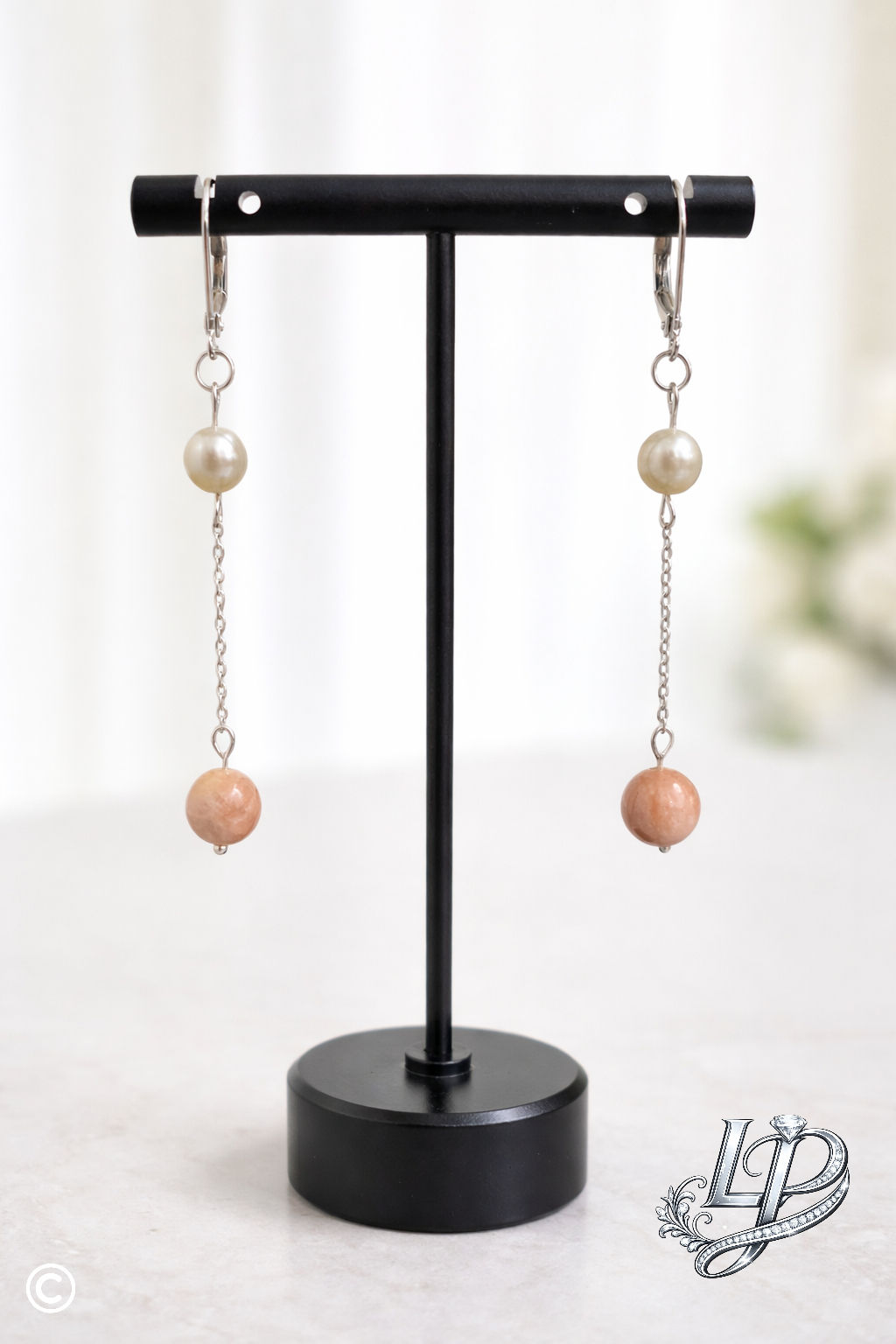 Sterling Silver Dangle Chain Earrings, white Freshwater Pearls and Sunstone 