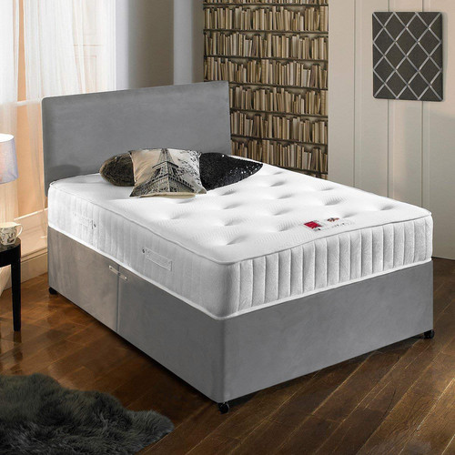 Charcoal Suede Divan Bed Set With Memory Foam Mattress and
