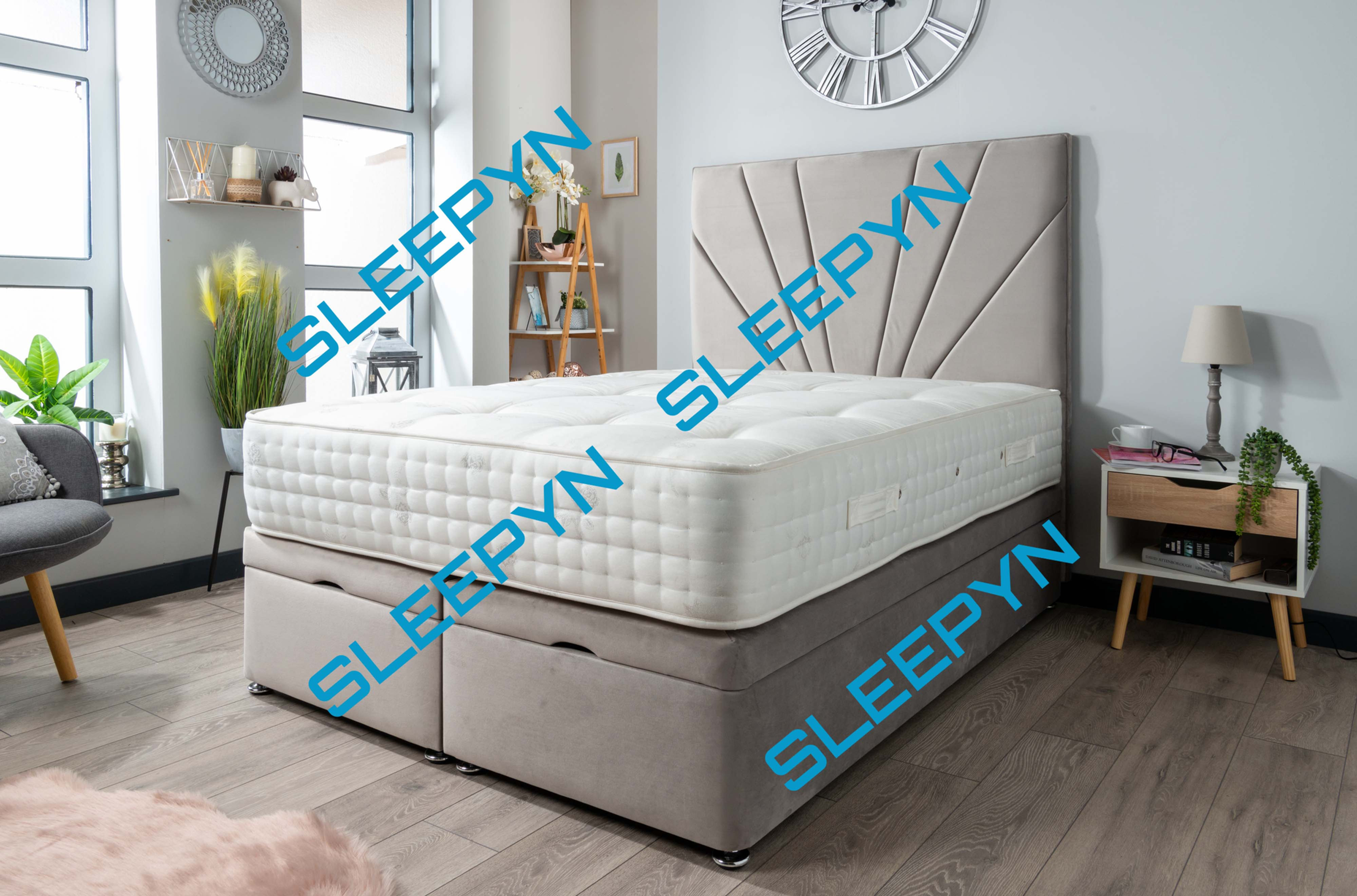 Premier Velvet Ottoman Divan Bed With Memory Foam Mattress & Sunrise Headboard