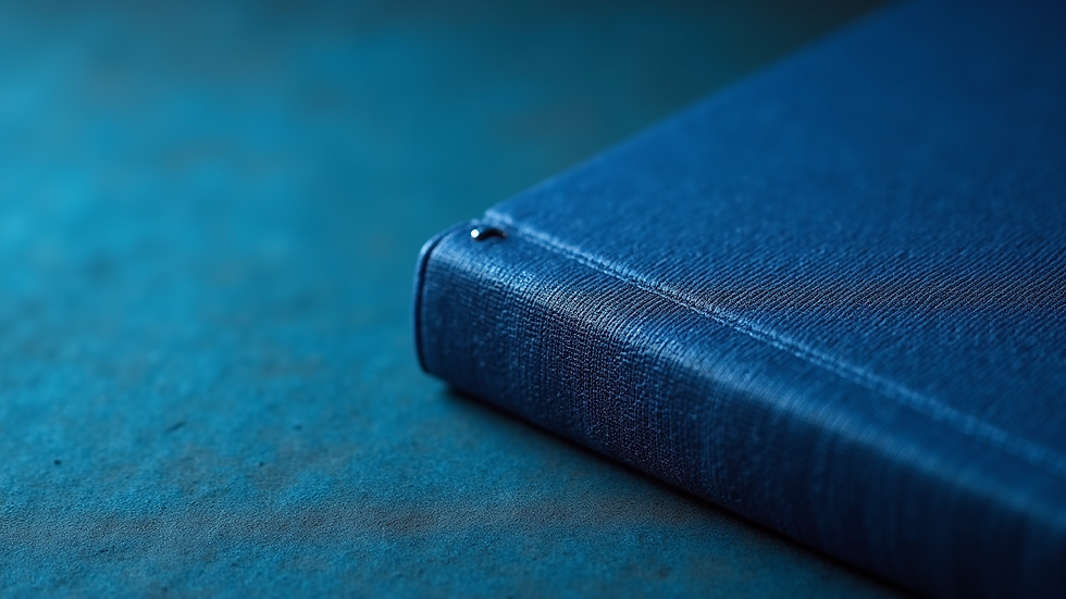 Close-up view of textured bookbinding cloth in rich blue colour