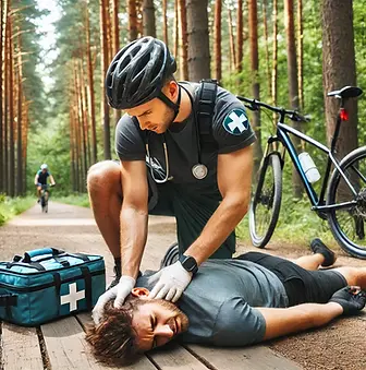 DALL·E 2024-06-21 10.23.28 - A paramedic attending to a cyclist with a head injury during
