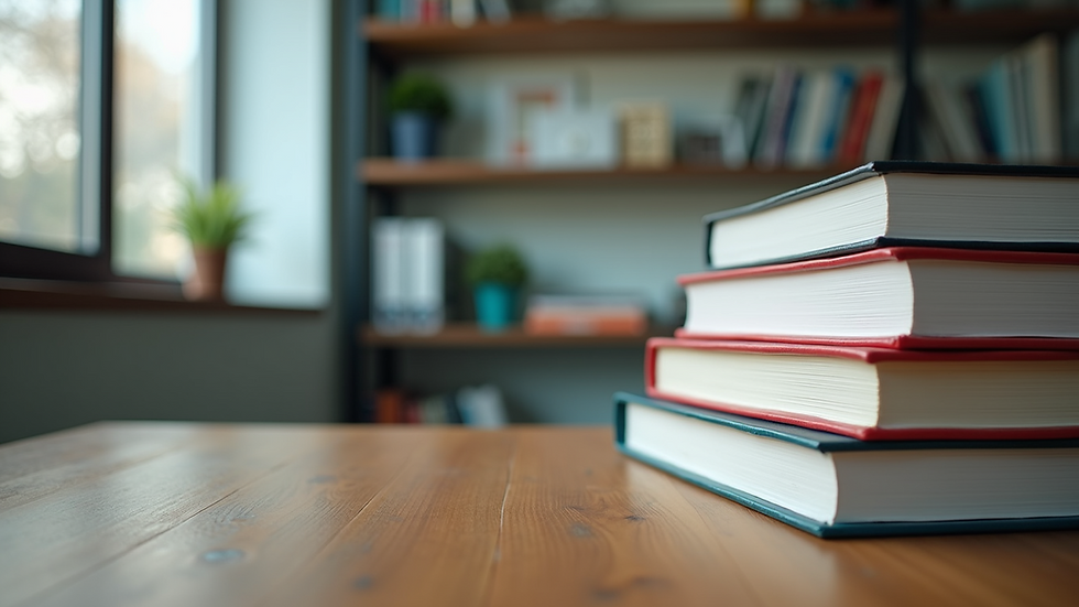 Eye-level view of a stack of medical textbooks on a wooden desk