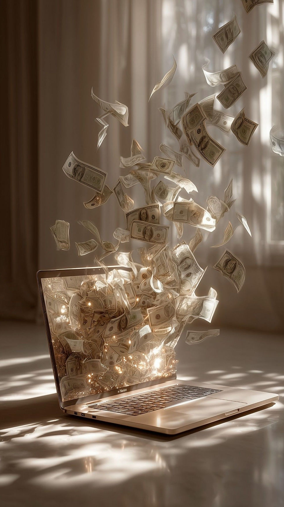 Un ordinateur avec des billets qui s'envolent