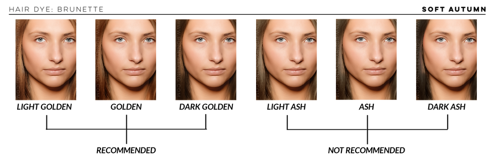 A Soft Autumn woman smiling in six side-by-side photos, showing different golden brunette brown and ash hair dye.
