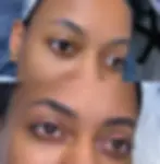 Before and after nano brows on darker skin tone showing natural hair-stroke brows with enhanced shape and definition.