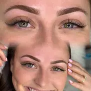 Ombré powder brows with soft shading and clean definition creating a polished makeup look for brunette client.