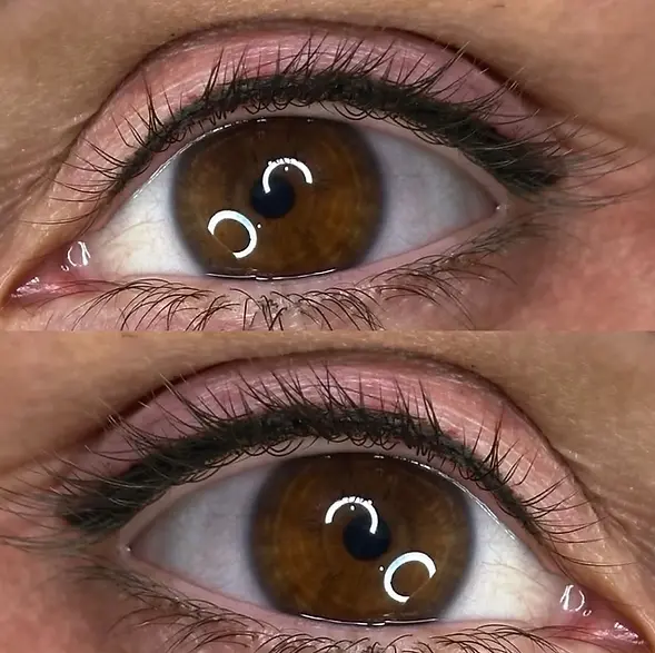 Eyelash enhancement before and after showing a darker, more defined lash line
