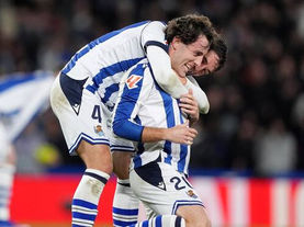 Real Sociedad players celebrate a goal during their 2–1 win over Barcelona at Reale Arena in LaLiga